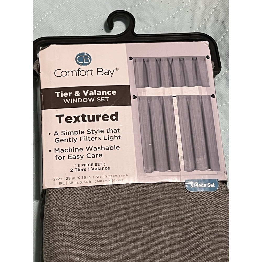 COMFORT BAY~GRAY~TEXTURED~3 PIECE TIER & VALANCE CURTAIN SET~NEW~ROD POCKET - Picture 2 of 7